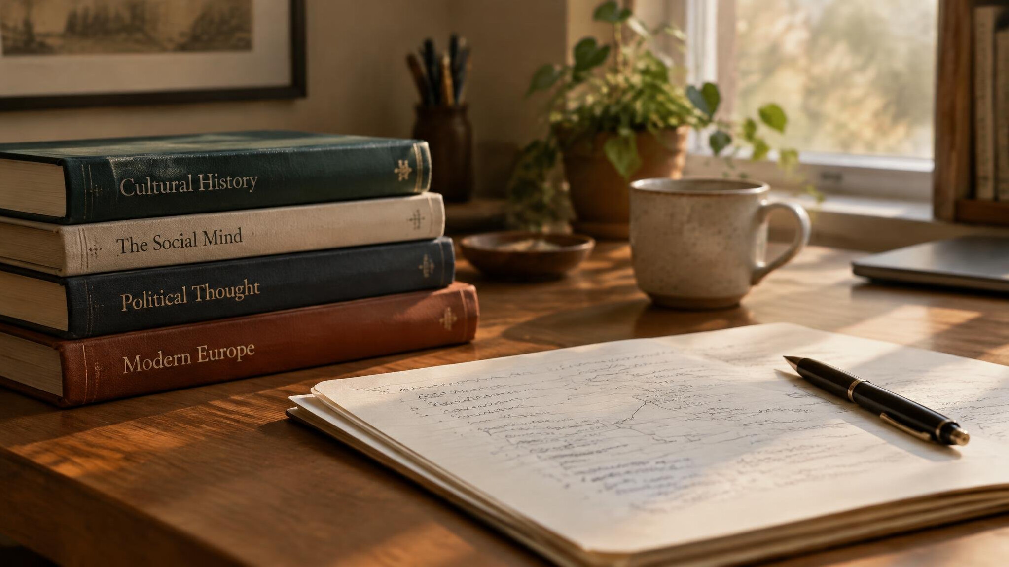 Stacks of books and research notes on a quiet reading desk